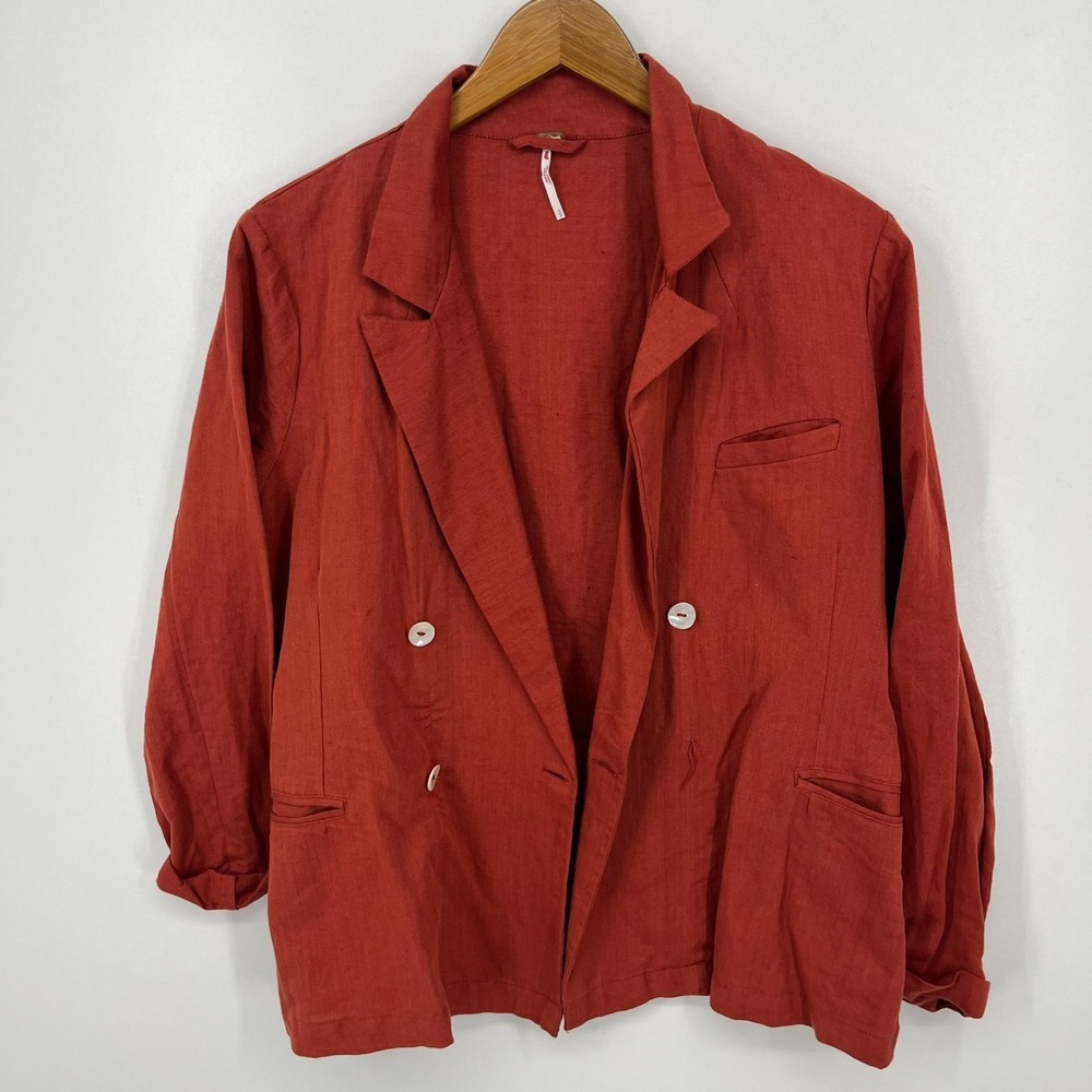 Free People Winnie Blazer Jacket Women's Size S Red Linen Blend Solid
